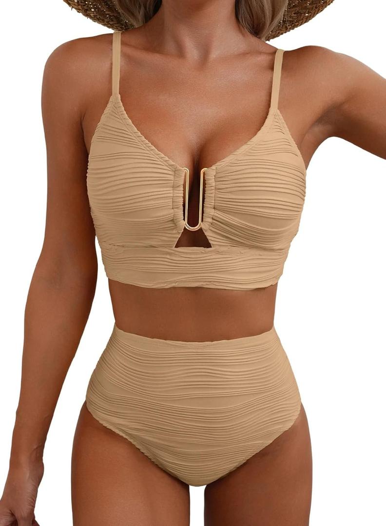 Herseas 2 Piece Bestselling Bikini Set U-Wire Cutout Swimsuit High Waisted Textured 2025 Summer Beach Swim Bathing Suits (Light Brown) L