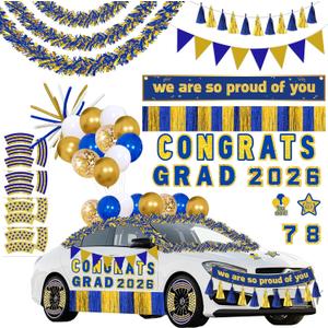 58pcs Graduation Car Decorations 2026 Set – Blue Gold Magnets Tinsel Garlands Banners Balloons Kit for Class of 2026 Party, Parade Float, Indoor Outdoor Hanging Decor