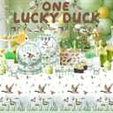 Mallard Duck 1st Birthday Decorations, One Lucky Duck Paper Plates 9'' and 7'', Napkins, Cups, 2Pcs Tablecloths, Banner, Cake Topper Duck Hunting Party Supplies Serves 24