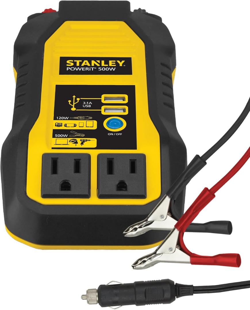 STANLEY PI500S Power Inverter 500W Car Converter: Dual AC Outlets, 3.1A USB Ports, 12V DC Adapter, Battery Clamps