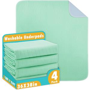 Washable Underpads, 36" x 38", 4 Pack, Green, Heavy Absorbency Reusable Bedwetting Incontinence Pads for Kids, Adults, Elderly, and Pets