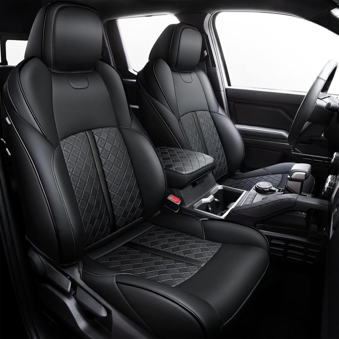 Carlimeki Leather Seat Covers Custom Fit for Tacoma Gen 4th (2024-2026) Double Cab, for SR, SR5, TRD PreRunner, TRD Sport, TRD Off-Road, Limited, Trailhunter - Armrest Covers Included - Fully Covered