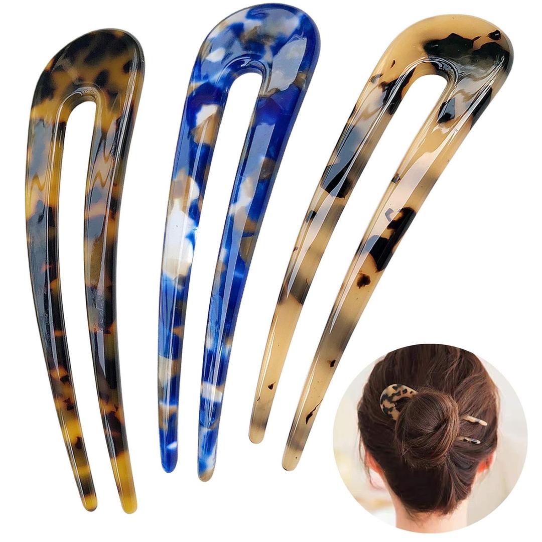 French Hair Forks Tortoise Shell U Shape Updo Hair Pins Clips for Thin Thick Hair, 4.3 inch Classic Cellulose Acetate 2 Prong Bun Hair Sticks Chignon Women Vintage Hairstyle Accessories, 3 Pack