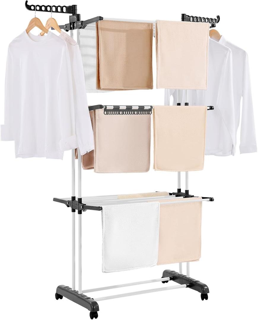 VEVOR Clothes Drying Rack, 4-Tier Foldable Laundry Dryer Rack, Metal Drying Racks with 24 Drying Rods, Free-Standing and Portable Hanger with 4 Castors and Two Side Wings for Outdoor & Indoor Use, 4 Tier - 49.5"d X 25"w X 67.5"h