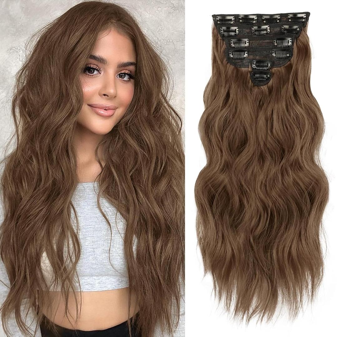 NAYOO Clip in Hair Extensions for Women 20 Inch Long Wavy Curly Chestnut Brown Hairpieces Full Head Synthetic Hair Hairpieces(6PCS,Chestnut Brown)