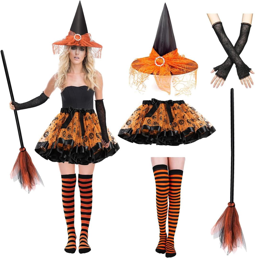 Witch Costume for Women, 5PCS Halloween Costume with Hat Tutu Broom Striped Thigh Socks Gloves, Full Witch Accessories