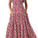 BLENCOT Womens Cotton Floral Maxi Dresses Casual Flowy Boho Dresses Summer Ruffle Short Sleeve V Neck Dress with Pockets medium