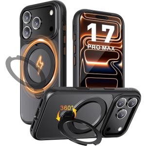 for iPhone 17 Pro Max Case with Magnetic Ring Stand [Military Drop Protection] Compatible with Magsafe, Shockproof Translucent Matte Slim Phone Cover for iPhone 17 Pro Max (Black)