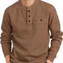 PRIVIMIX Mens Waffle Henley Long Sleeve Cotton Casual T-Shirt Fashion Three Button Pullover with Pocket Brown L