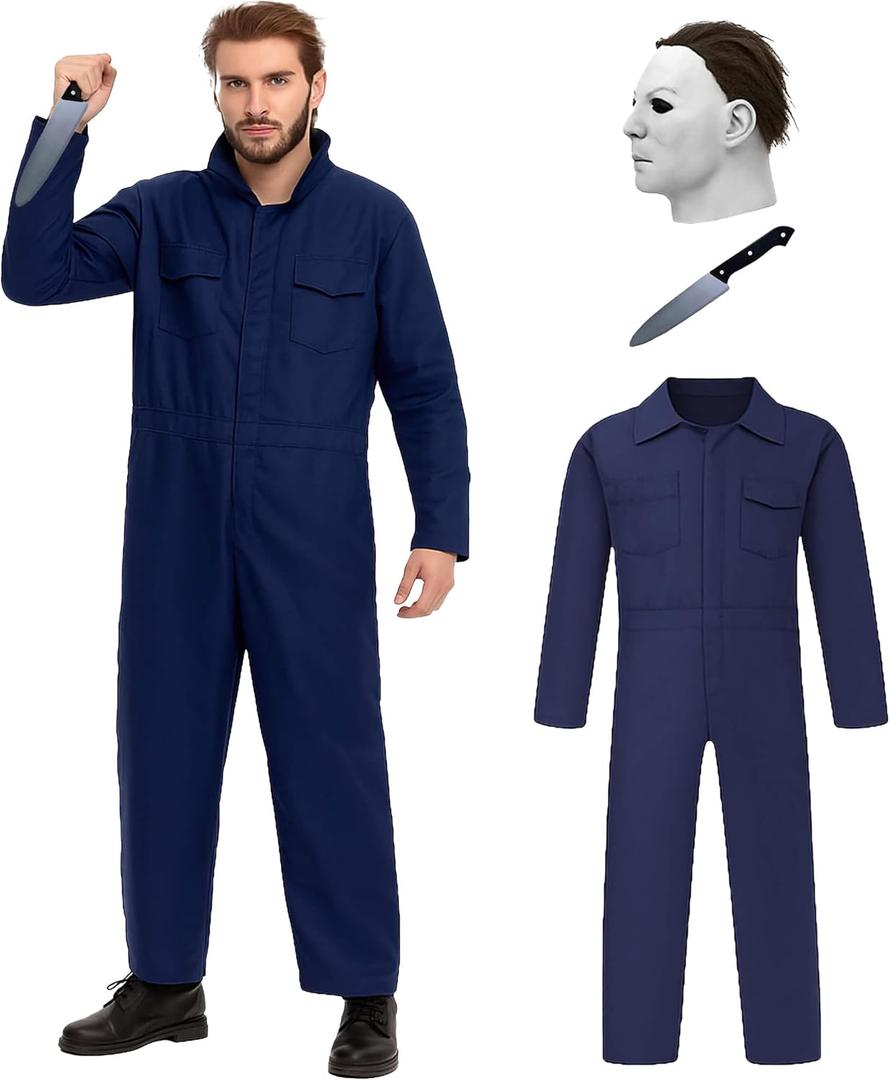 Navy Blue Coveralls Costume for Adults - Halloween Killer Jumpsuit with Mask and Toy Knife - Horror Cosplay Outfit (Blue, M)