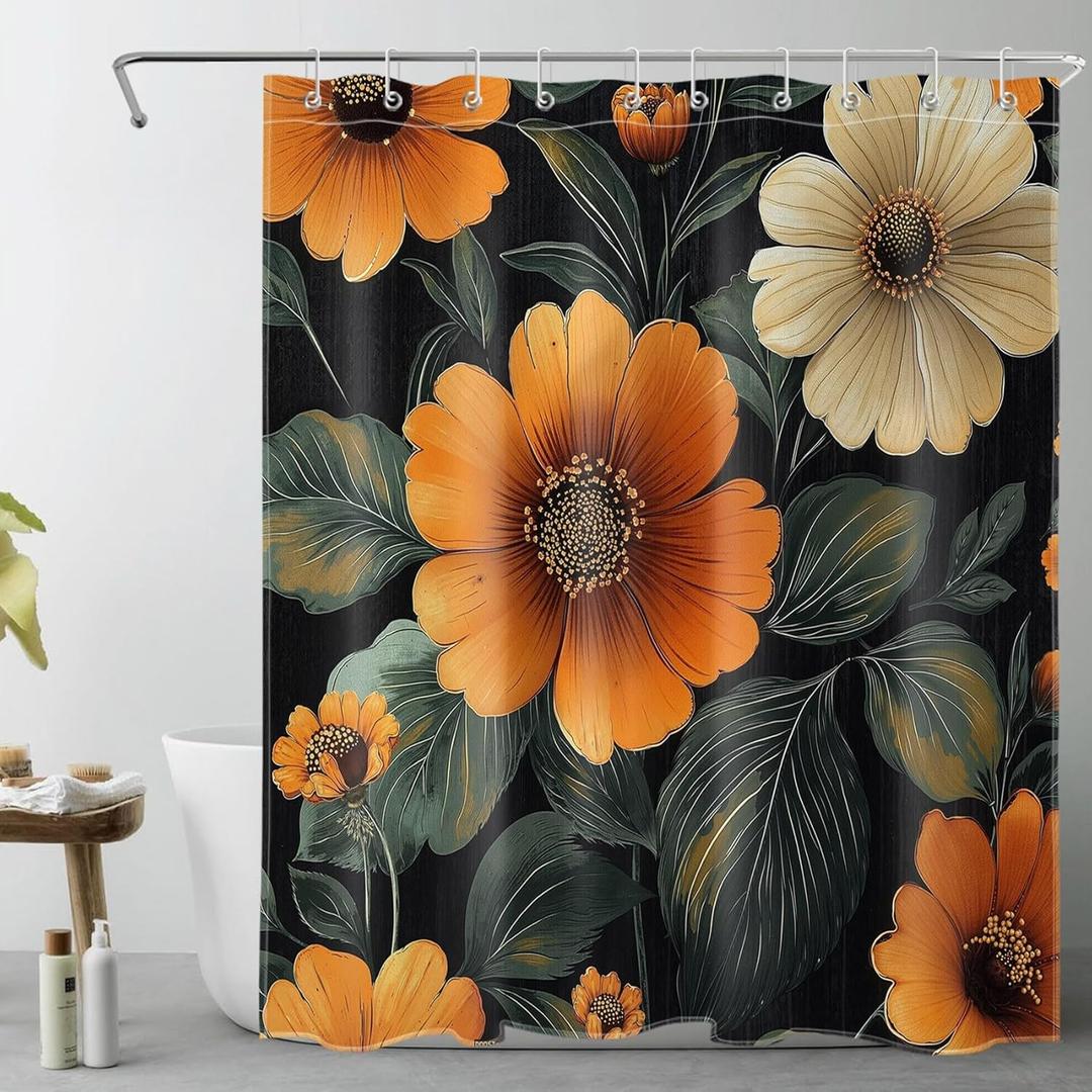 LB Orange Floral Shower Curtain Boho Flower Dark Green Leaf Bathroom Shower Curtains Vintage Abstract Plant Small Waterproof Washable Fabric Stall Bath Curtain Set with Hooks,72Lx60W inch