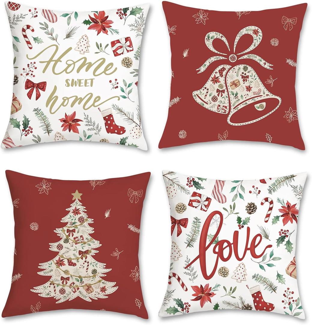 Bonhause Red Christmas Throw Pillow Covers 18 x 18 Inch Xmas Tree Bell Leaf Floral Decorative Pillow Cases for Couch Sofa Bed Home Winter Holiday Decor Set of 4