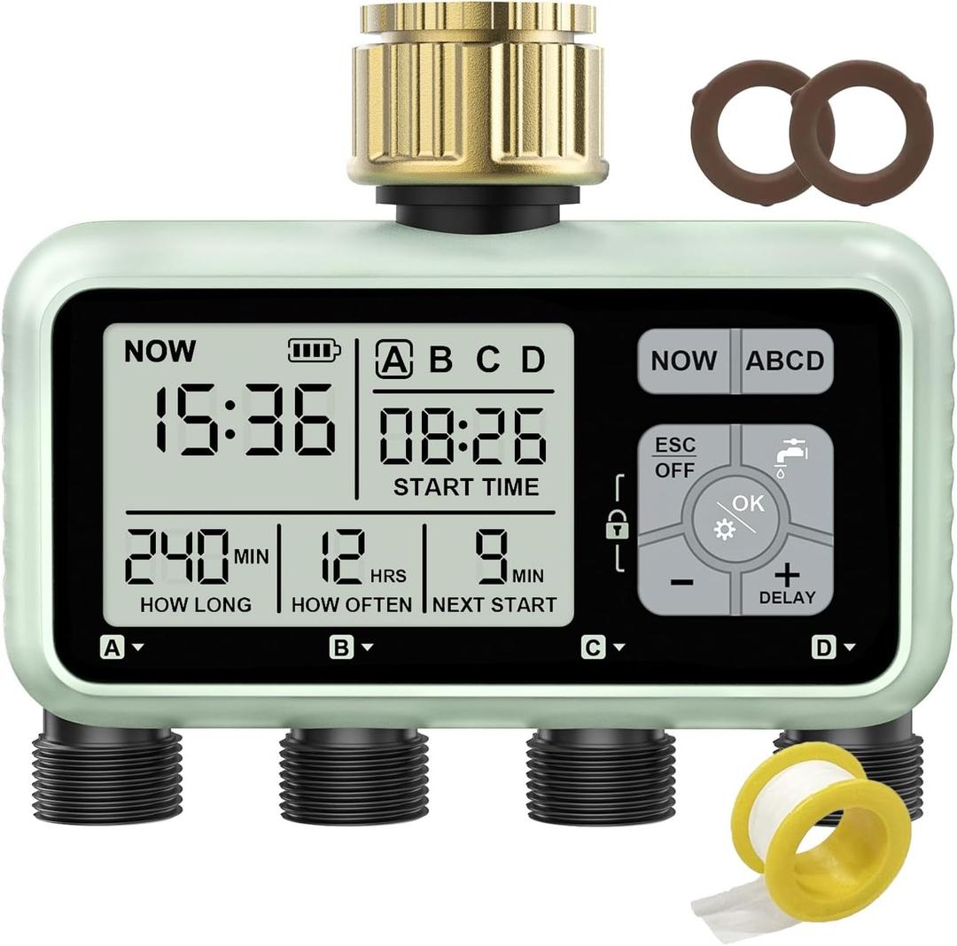 Watering Timer 4 Zone with Brass Inlet, Sprinkler Timer, Programmable Garden Outdoor Hose Faucet Timers with Rain Delay/Manual/Automatic Watering System, Water Hose Irrigation Timers 4 Outlet