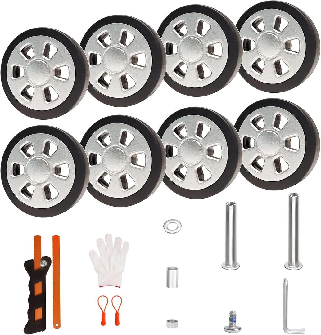 Luggage Wheels Replacement Set 8PCS Dia 2.2inch TPU Rubber Wheel Thick 12mm Smooth Silent Roller Fit 6mm&8mm Shaft Slot Full Set Repair Tool for 20-24in Suitcase Trolley Bag Drawbar Travel Box (Silver)