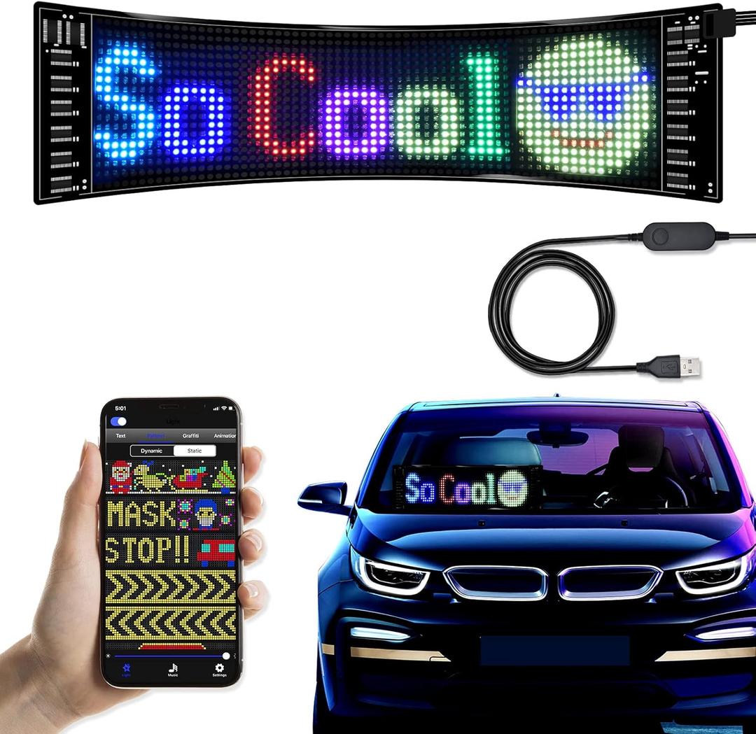 Programmable LED Car Sign,Scrolling LED Sign,Flexible LED RGB Message Display,Bluetooth APP,DIY Design Colours,Animations,Text, Graffiti (19"x 5")