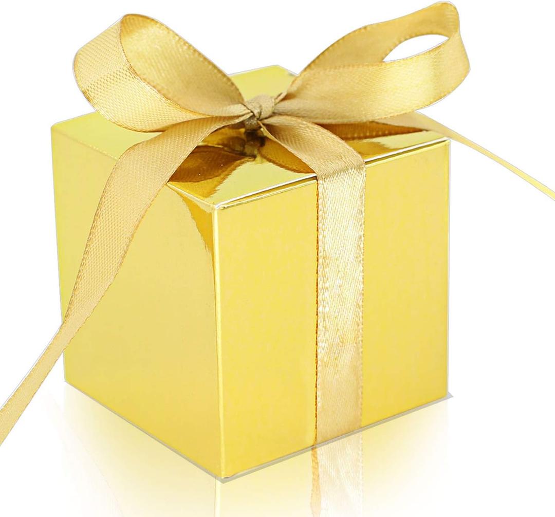 KPOSIYA 100 Pack Favor Boxes 2x2x2 inch Candy Boxes Gold Gift Boxes with Ribbons for Wedding Baby Shower Decorations Birthday Party Supplies