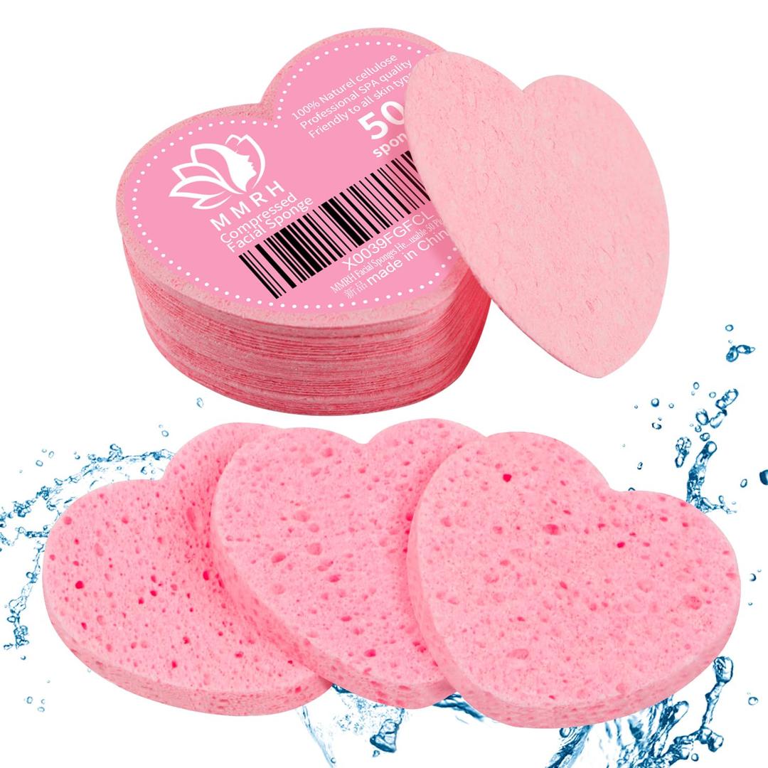 50-Count Heart Shape Compressed Facial Sponges, 100% Natural Cosmetic Spa Sponges for Facial Cleansing for Daily Facial Cleansing, Exfoliating Mask, Makeup Remover. Ideal for Home and Travel. (Pink)