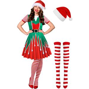 Hillban 3 Pcs Christmas Elf Costume Set Women Short Sleeve Christmas Dress Thigh High Socks Santa Hat (Medium, Bright Style)