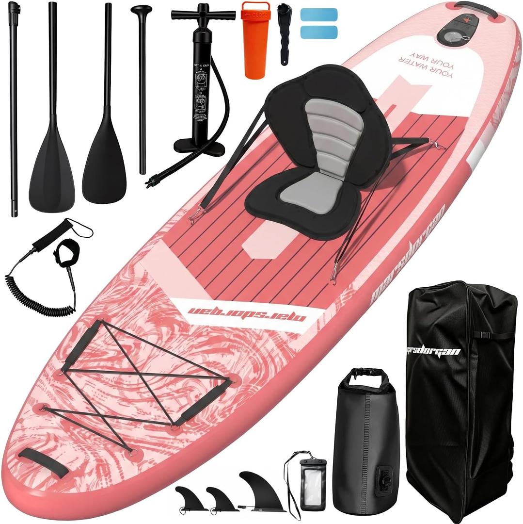 11'x34 Inflatable Paddle Board with Removable Kayak Seat, Extra Wide 430LBS SUP, Stable 2-3 Person Family for Lake Ocean Fishing, Bonus 10L Dry Bag & 2-Blade Paddle, Pink Ocean