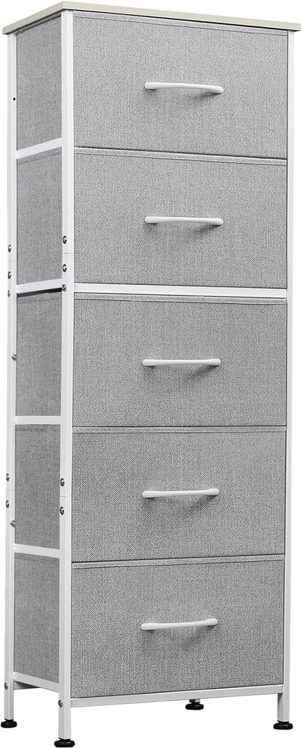 WLIVE Fabric Dresser, 5-Drawer Tall Dressers for Bedroom, Storage Dresser Organizer with Fabric Bins, Wood Top, Sturdy Steel Frame, Chest of Drawers for Closet, Hallway, Light Grey