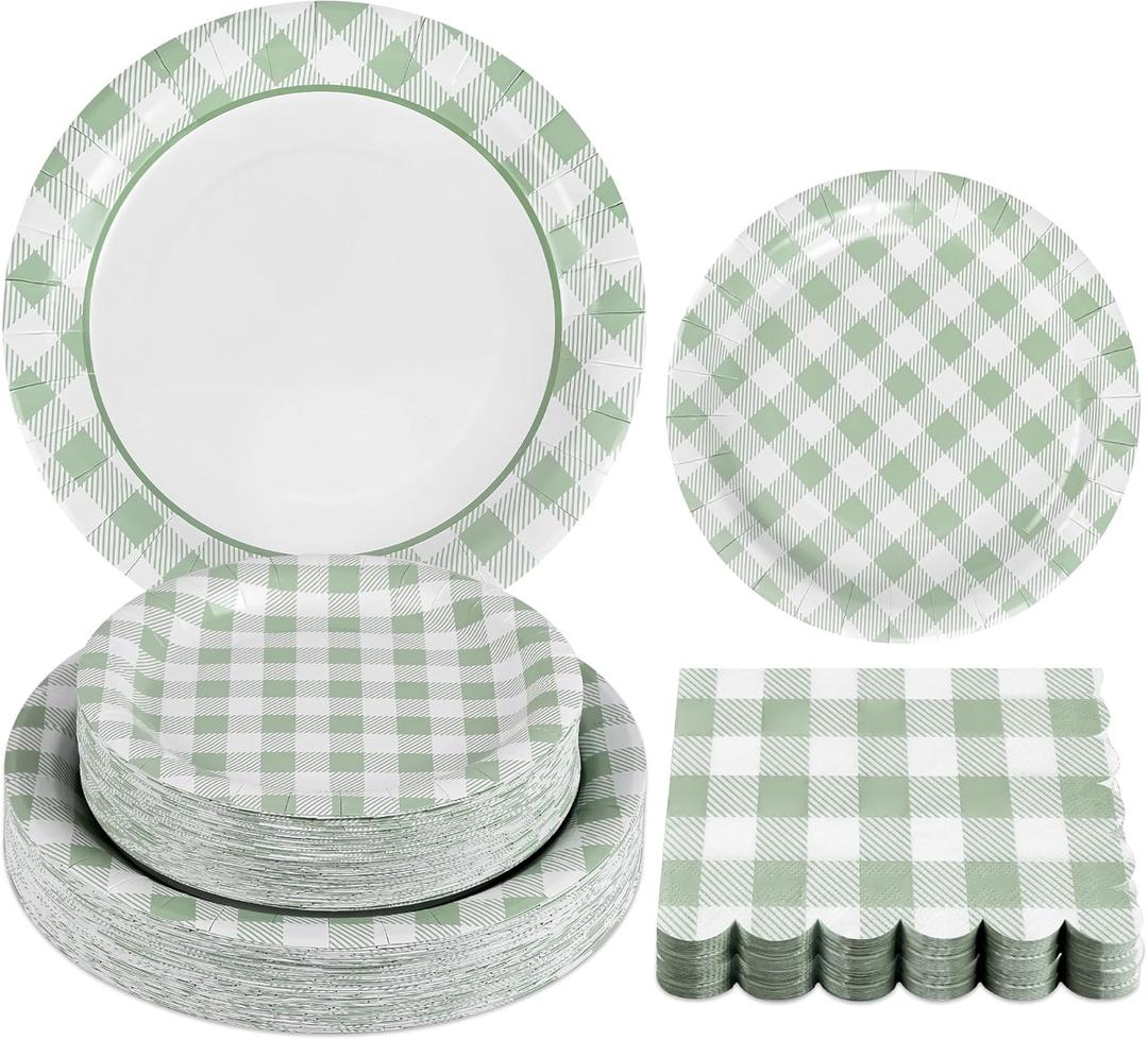 150Pcs Sage Green Gingham Party Supplies Green Gingham Paper Plates and Napkins Green Plaid Plates Disposable Greeny and White Plaid Party Decor for Birthday Family Picnic BBQ Party,Serves 50 Guests