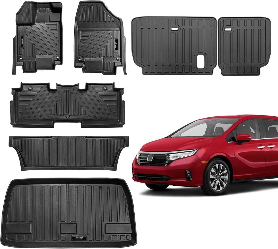 for 2018-2024 2025 Honda Odyssey Mini Passenger Van Floor Mats 3 Row Trunk Cargo Liners and Backrest Mat Full Set TPE Rubber Protection Mat Accessories (Floor Mats 3 Rows+Cargo Liners+Backrest Mat)