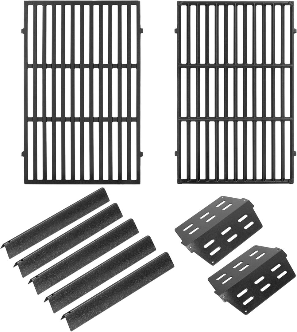 Grill Parts for Weber Genesis Parts Replacement, Fits Weber Genesis 300 Series with Front Control Knobs, for Weber Flavorizer Bars 7620 7621, Grate 7524 7528, Fits Weber Heat Deflector 7622 62756 (2 Cast Iron Grates + 7ps Heat Plates)