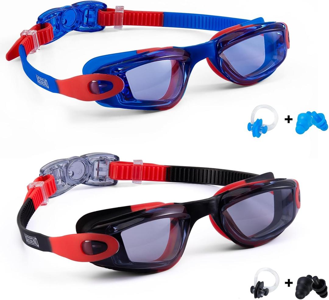 Aegend Kids Swim Goggles, Pack of 2 Swimming Goggles for Children Boys & Girls Age 3-14 (Black-red & Blue-red)