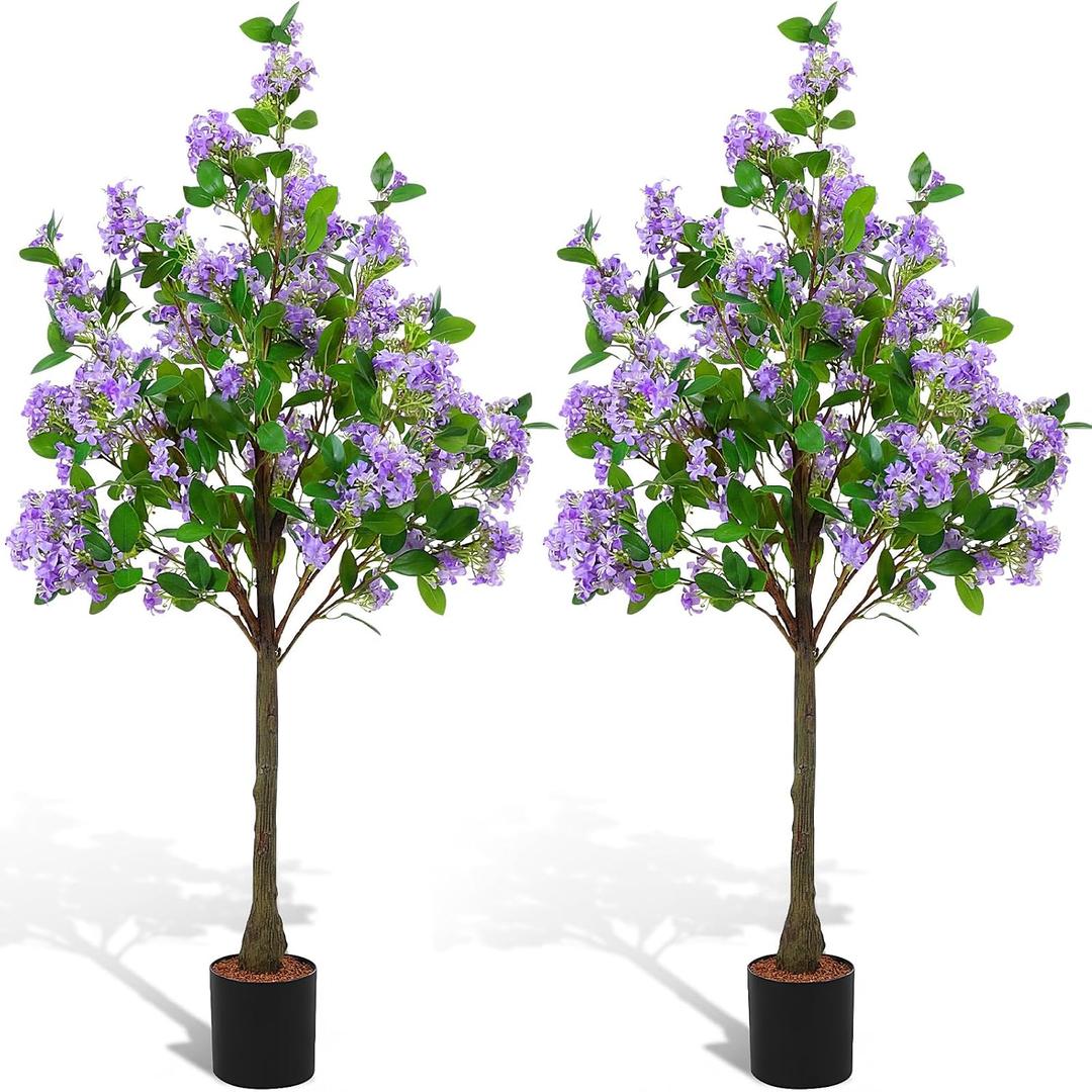 Thiccywoov 2 Pack 4ft Artificial Purple Lilac Flower Tree Realistic Blooming Flower Plant Fake Potted Artificial Tree for Home Garden Lawn Porch Patio Indoor Outdoor Decor