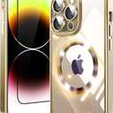 2 in 1 for iPhone 14 Pro Case Crystal Clear, Not Yellowing, Compatible with Magsafe, with 1X Screen Protector + Camera Lens Protector, Shockproof Protective iPhone 14Pro Case, Gold