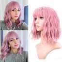 VCKOVCKO Pink Wavy Wig With Air Bangs Gift for Lady and Girls Women's Short Wigs Curly Wavy Shoulder Length Synthetic Wig for Women Daily Use Colorful Wigs(12", Purple Pink)