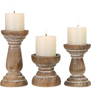 Candle Holder for Pillar Candle Set of 3, Farmhouse Wood Candle Holder, Rustic Wooden Candle Stand, Vintage Small Wooden Candlestick HoldersDecorative for Living Room, Table Centerpiece (Brown)