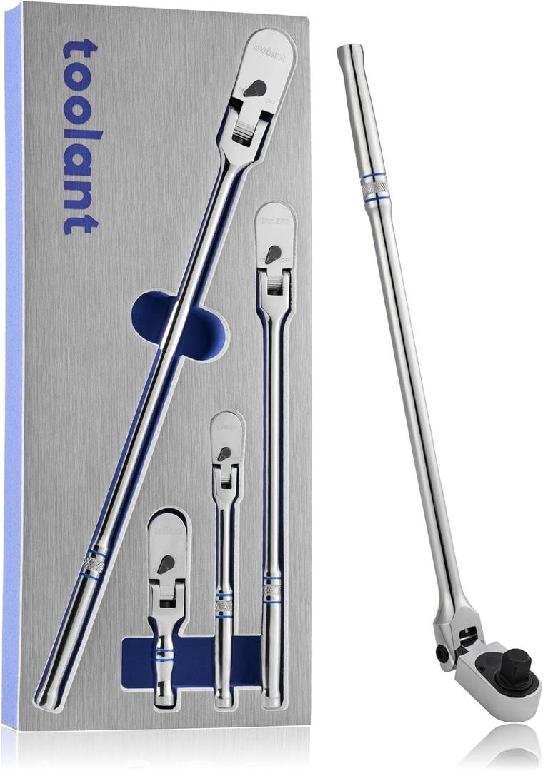 toolant 4Pcs Flex Head Ratchet Set, 1/ 4“&3/ 8"&1/ 2" Drive Gear Wrench Compact Head Ratchet Wrenches, 90-Tooth Gear, 180° Flex, 11 Positions, Longer Handle, 1.5X ASME Durability