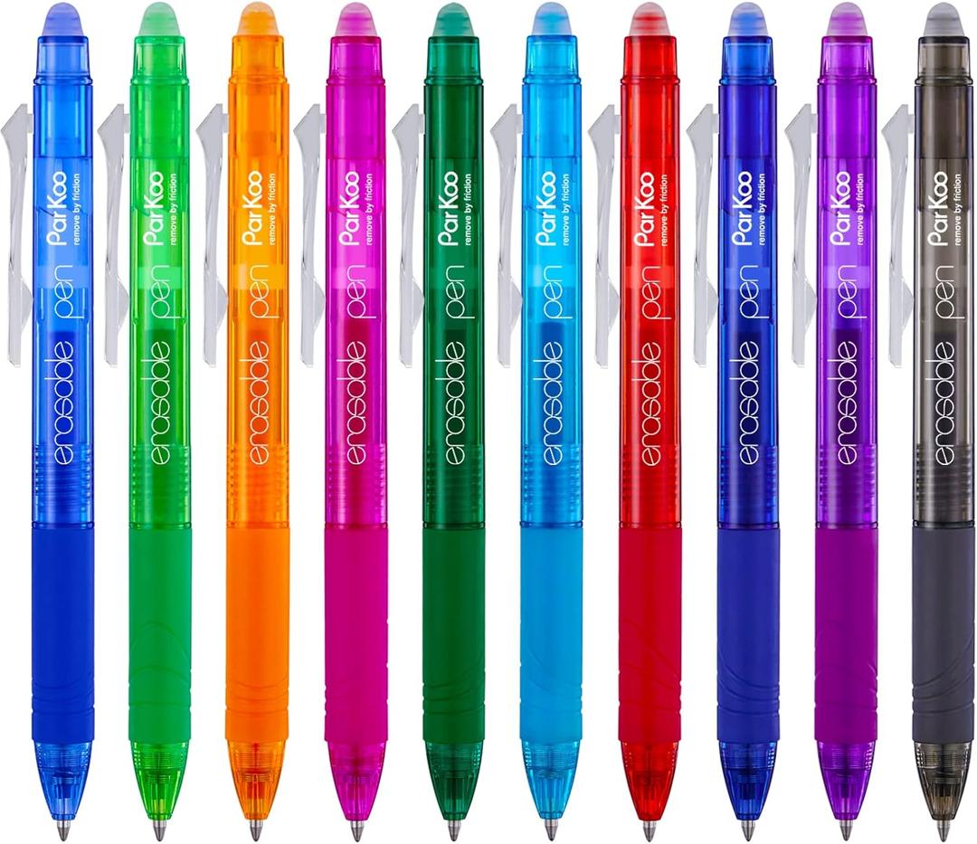 ParKoo Retractable Erasable Gel Pens Clicker, Fine Point 0.7mm, Assorted Color Inks for Drawing Writing, 10-Pack