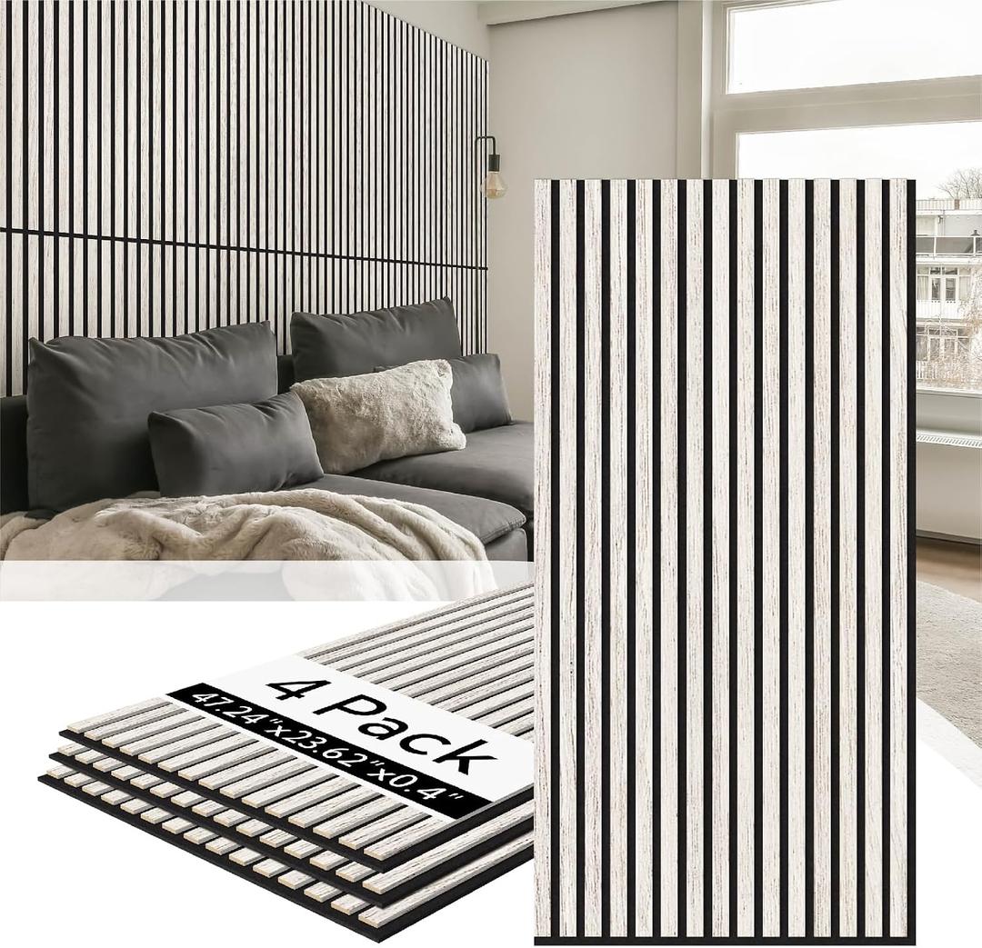Olanglab Wood Slat Wall Panels 4 Pack, Acoustic Wall Panels, 47.24'' x 23.62" Each 3D Wall Panels for Interior Wall Decor (White)