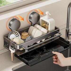 vorona Sponge Holder for Kitchen Sink with Suction Cup, Rustproof Stainless Steel Sink Caddy with Removable Drain Pan for Kitchen Countertop Accessories & Storage