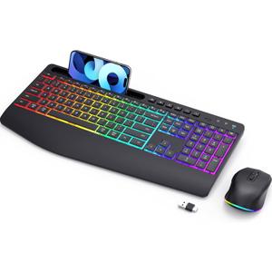Wireless Keyboard and Mouse Combo - Dual System RGB Backlit Mouse and Keyboard,2.4G Rechargeable,Full-Sized Ergonomic Silent Design with Phone Holder for Windows Mac PC Laptop (Black-V1)