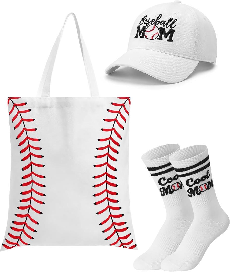 Newcotte 3 Pcs Baseball Mom Gifts Set Embroidered Adjustable Cap Canvas Tote Bag Cool Mother Stripe Crew Mother Socks Baseball Gifts for Birthday Mother's Day