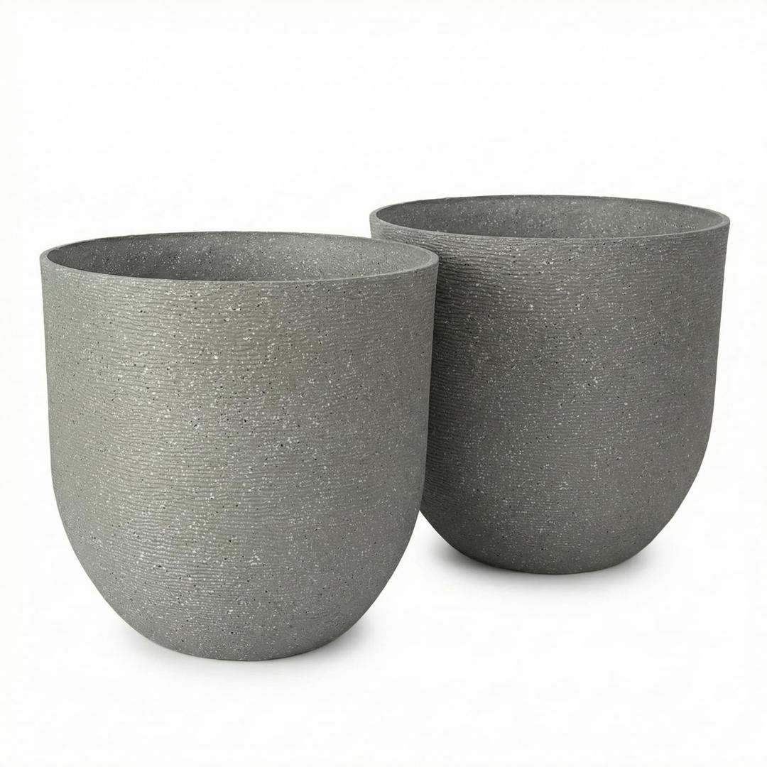 10 Inch Plant Pots Stone Finish Lightweight Flower Planter with Drainage Hole for Outdoor Garden Patio Indoor Greenery, Set of 2, Speckled Grey