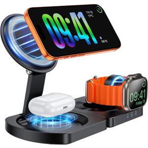 EGV Wireless Charger for iPhone, 3-in-1 Magnetic Charging Station for Apple, MagSafe Charger Stand for iPhone 17 Air 16 15 14 13 12 Series, Airpods Pro, Apple Watch Ultra, Foldable, No Adapter, Black
