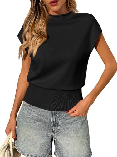 Saodimallsu Womens Cap Sleeve Summer Sweaters Tops Casual Lightweight Sweater Vest Mock Neck Knit Tank Top Black