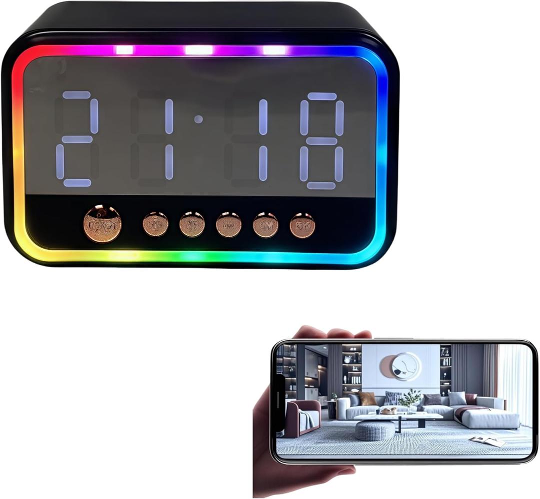 ULar 4K Camera Wireless Clock USB-Powered Picture Taking CamMotion Detection Pet Monitors for Home Indoor Security Cameras Support App Remote Colorful Alarm Clock - No Audio