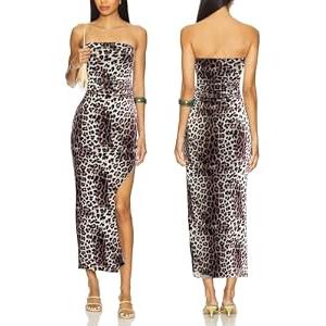 ALENDA DANMOS Womens Strapless Printed Midi Dress with Slit Floral Mesh Tube Top Dresses Ruched Bodycon Party Club Dress 333(X-Small,Leopard)