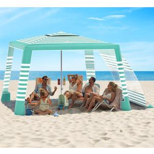 Rhino Valley Beach Cabana, 8 * 8FT Beach Tent UPF50+ Protection, Easy Setup Beach Canopy Wind Resistant with Cup Holder, Compact Beach Shade Foldable Beach Tent Sun Shelter, Green White