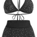 Women Sparkle Rhinestone Mesh Sheer Bikini Sets Halter Bra Top High Waist Shorts Bottom Swimsuits Rave Outfit (Black, M)