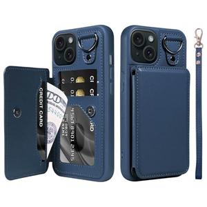 PIEWVXT Compatible with iPhone 15 Case Wallet with Card Holder, RFID Blocking Credit Card Slots Kickstand Leather, Flip Folio Protective Shockproof Phone Cover for Women Man, 6.1 Inch (Navy Blue)