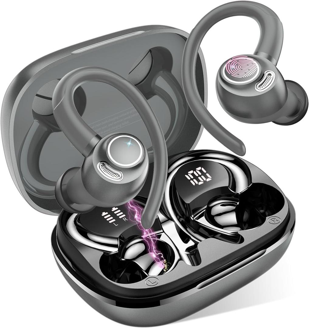 Wireless Earbuds, Bluetooth 5.4 Headphones Sport, Over Ear Buds with ENC Noise Cancelling Mic, 48H, Wireless Earphone with Earhooks, Stereo Deep Bass, IP7 Waterproof Ear Bud for Workout Running, Grey