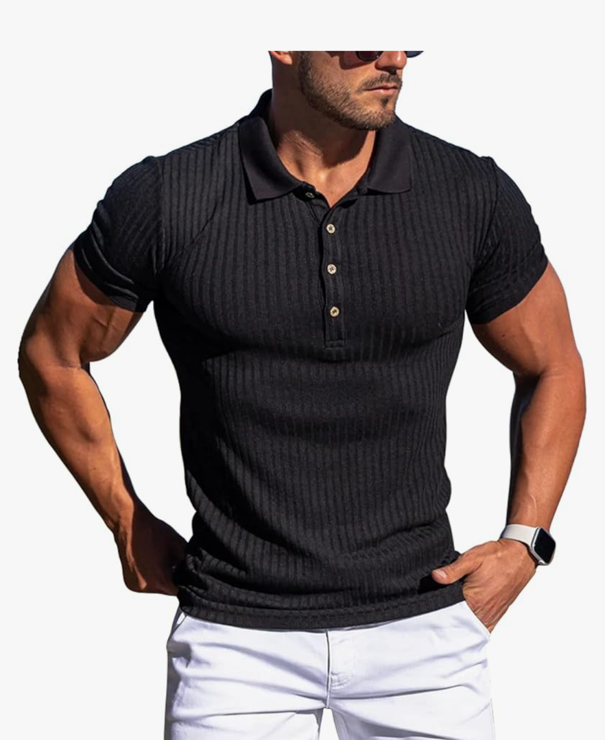 Collared Muscle Polo Shirts Men Slim Fit Textured Knit Polo Shirts Short Sleeve Button Down Shirts Casual Stylish M