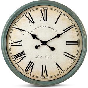 Bernhard Products Large Decorative Wall Clock 20 Inch Silent Non Ticking Battery Operated Quartz Vintage Stylish with Rustic Green Rim for Home Living/Dining Room Kitchen & Over Fireplace