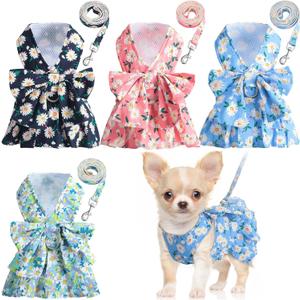 Sanwuta 4 Pack Harness Dog Dress Bowknot Leash Set Floral Princess Dog Harness Dress Vest with Leash Pet Doggy Outfits for Outdoor Walking, 4 Colors (Small)